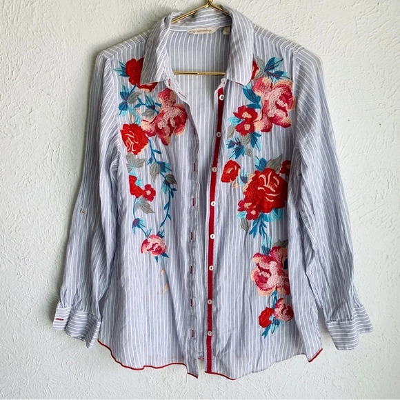 Soft Surroundings Garden City Floral Embroidery Striped Button Down Shirt Small - Picture 2 of 6